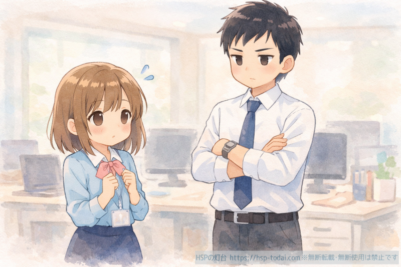 相性が悪い人に萎縮する女性社員のイラスト