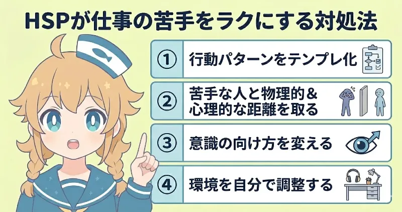 HSPが仕事の苦手をラクにする方法を解説したイラスト