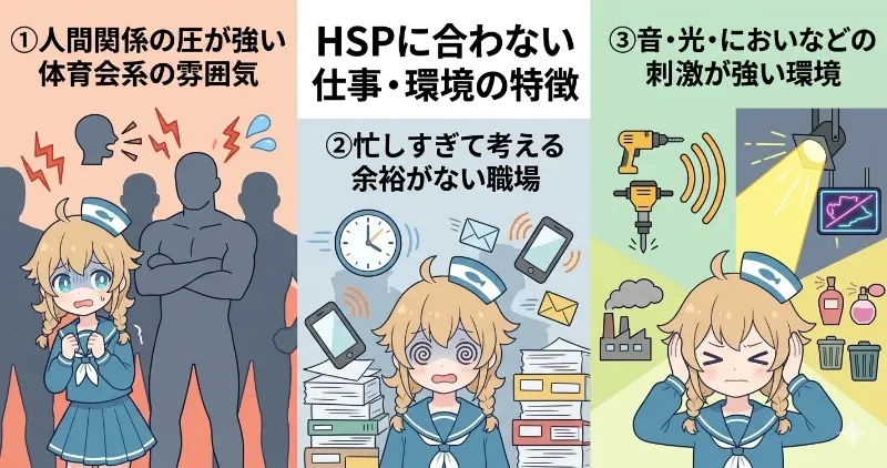 HSPに合わない仕事・環境の特徴を解説したイラスト