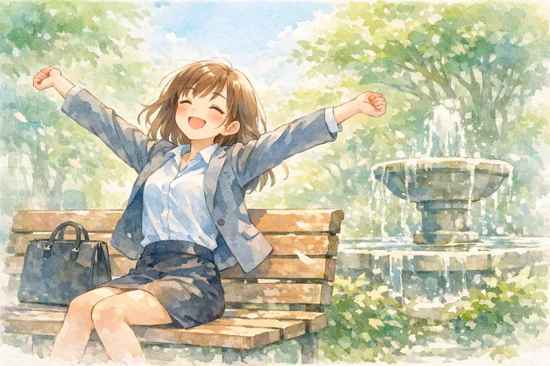 ベンチに座って伸びをしている女性社員のイラスト