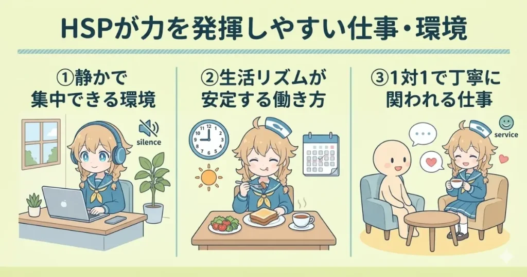HSPが力を発揮しやすい仕事・環境を解説したイラスト