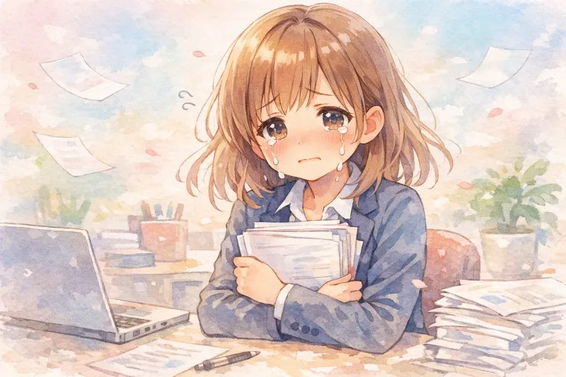 仕事が大変で泣いている女性社員のイラスト