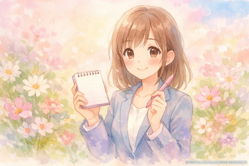 花畑でノートを持つ女性社員のイラスト