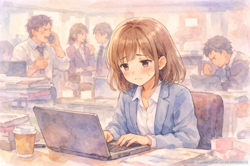 職場でパソコン作業をする女性社員のイラスト