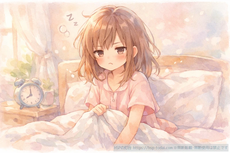 ベッドで気だるそうに座る朝が苦手なHSP女性のイラスト