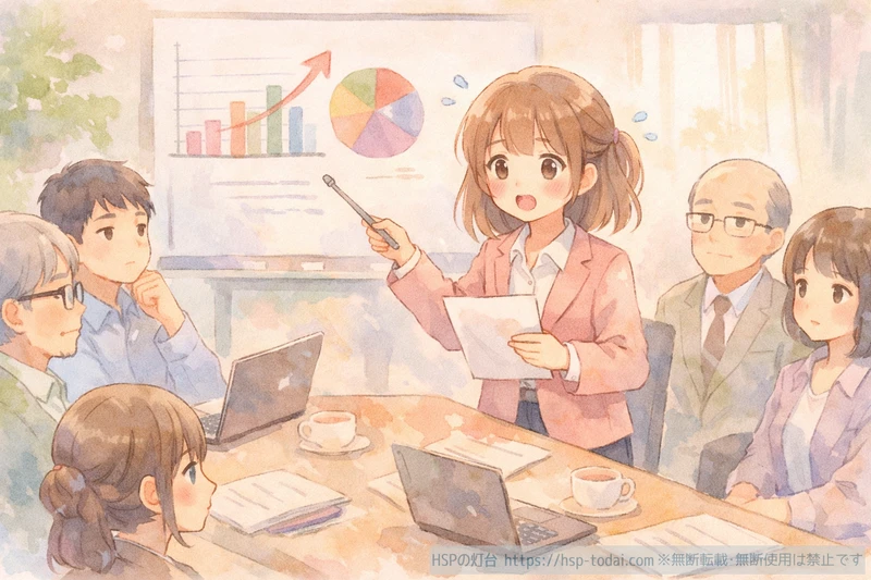 会議室で緊張しながらプレゼンするHSP女性のイラスト