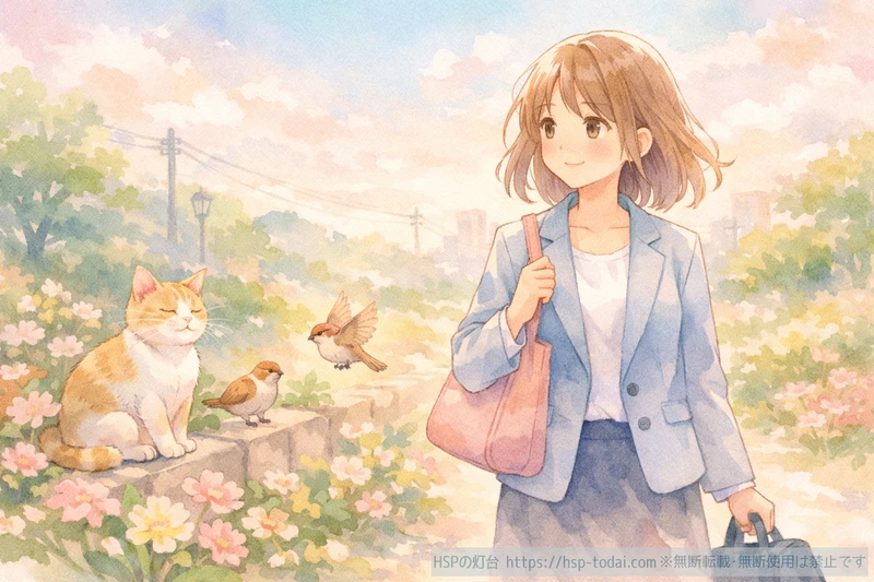 通勤途中に猫や小鳥を見て癒される女性のイラスト