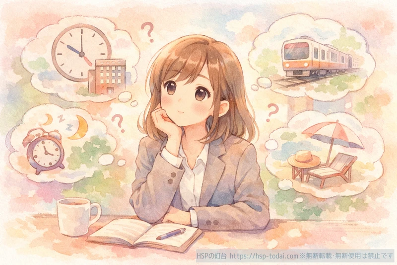 働き方や生活リズムについて考え込むHSP女性のイラスト
