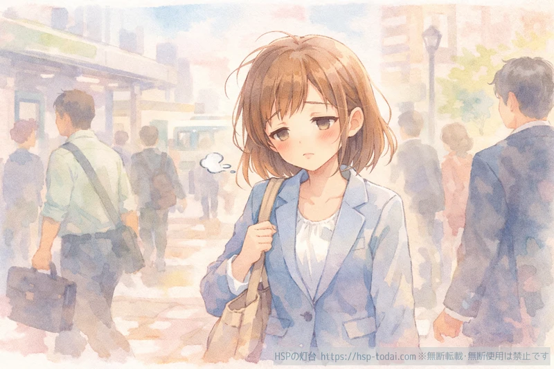 駅の人混みで疲れた表情を浮かべるHSP女性のイラスト