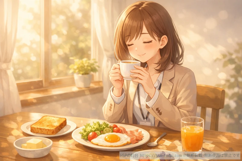 朝にコーヒーを飲んでゆっくり過ごす女性のイラスト