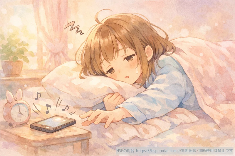 朝アラームを止めるのが辛そうなHSP女性のイラスト