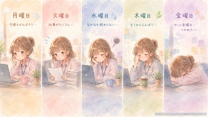 週の疲れが積み重なっていく女性社員のイラスト