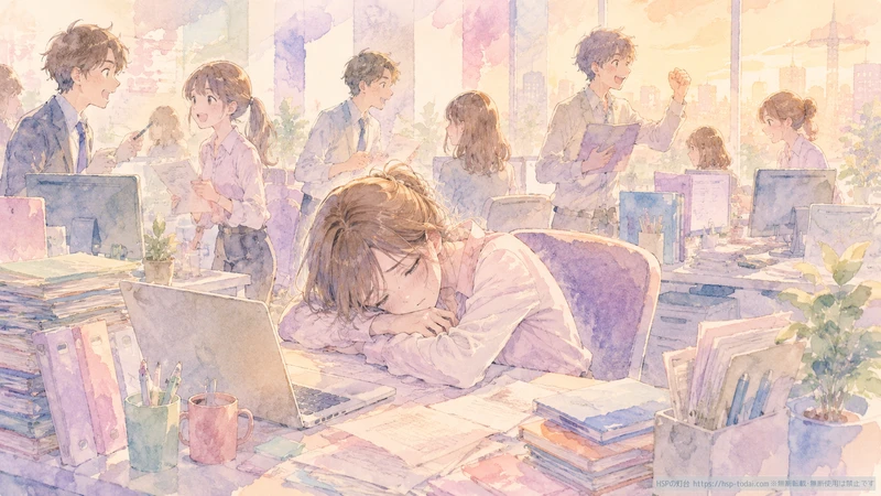 疲れてデスクに突っ伏している女性社員のイラスト