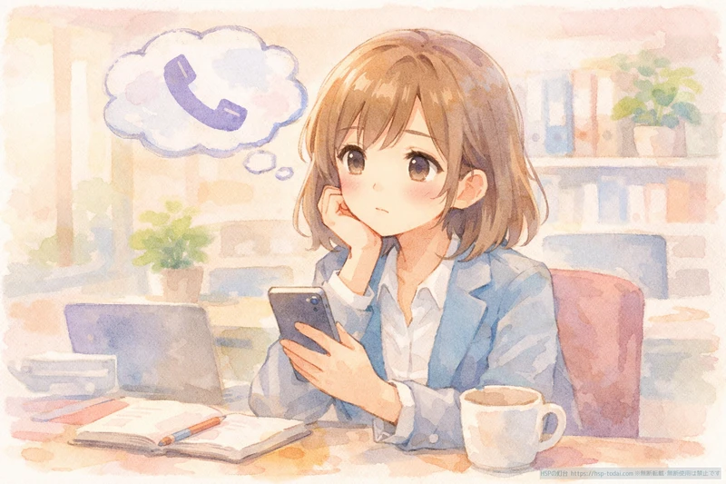 女性が職場で電話のことを不安そうに思い浮かべているイラスト