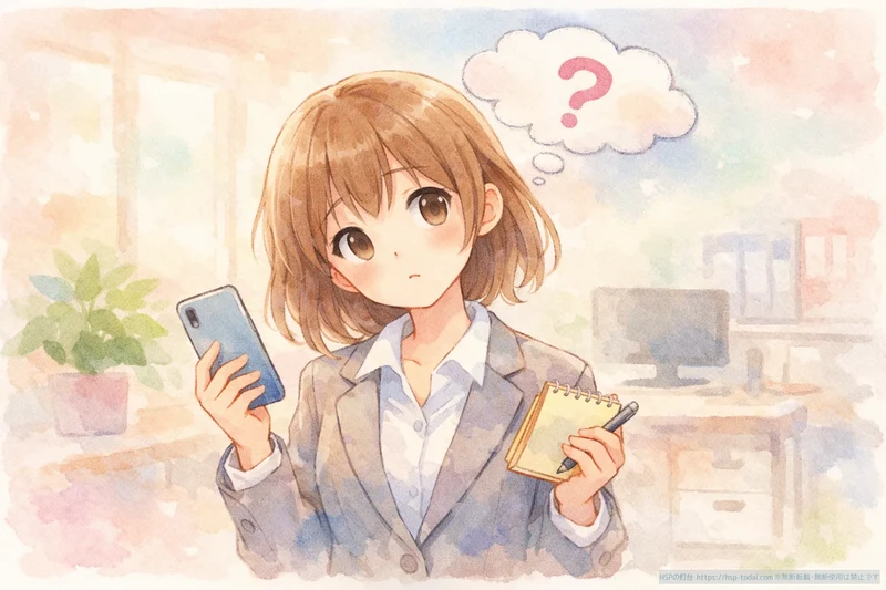HSP女性が職場でスマートフォンを持ち電話対応に戸惑っている様子