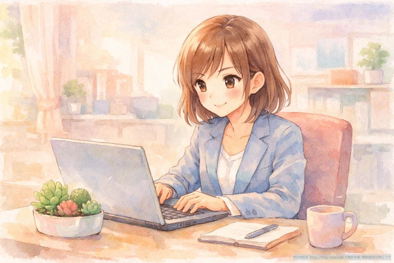 女性が電話対応の合間に落ち着いてPC作業をしているイラスト
