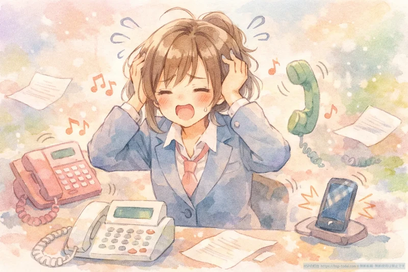 HSP女性が職場の電話ラッシュに疲弊して頭を抱えている様子