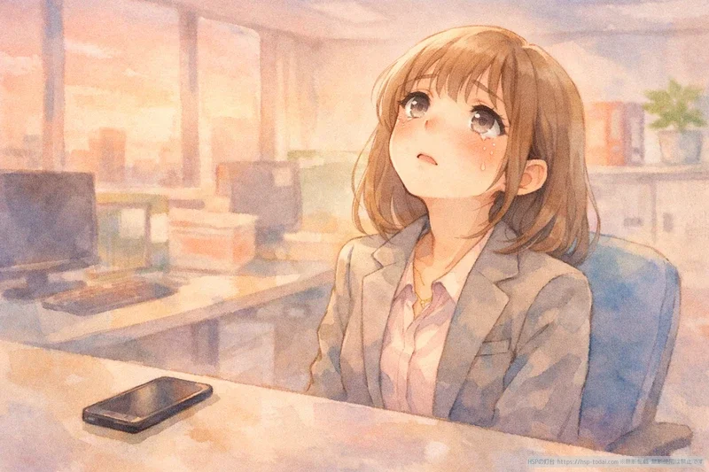 女性が電話対応の疲れからオフィスでぼんやりしているイラスト