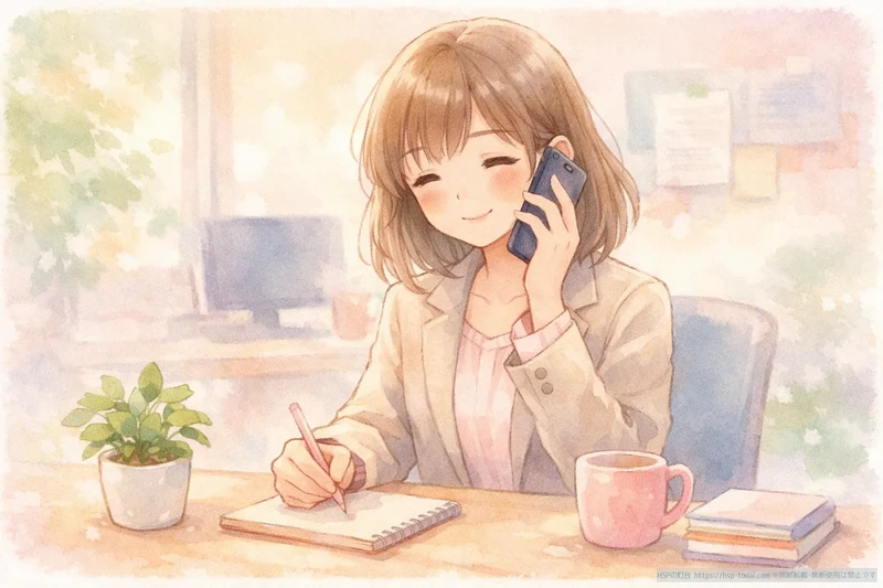 女性が職場で笑顔で電話対応しながらメモを取っている様子