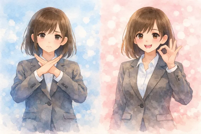 腕でバツを作る女性とOKサインで笑顔の女性を並べたイラスト（断る・受け入れる対比）