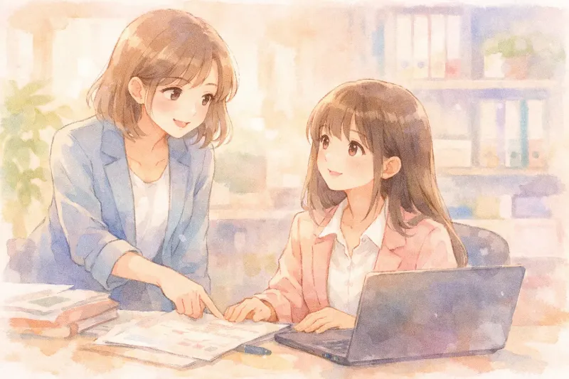 職場でパソコンに向かう部下と書類を見せながら説明する上司のイラスト