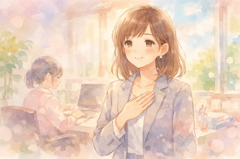 職場でスーツ姿で胸に手を当てて微笑むHSP女性のイラスト