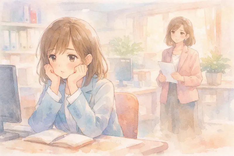 職場のデスクで頬杖をついて思い悩むHSP女性と後ろに立つ上司のイラスト