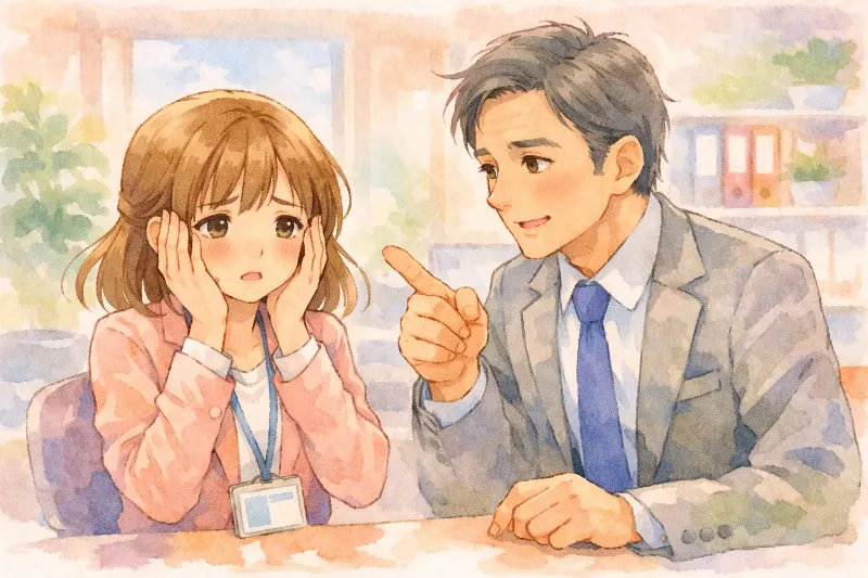 職場で男性上司に説明を受け困惑するHSP女性のイラスト