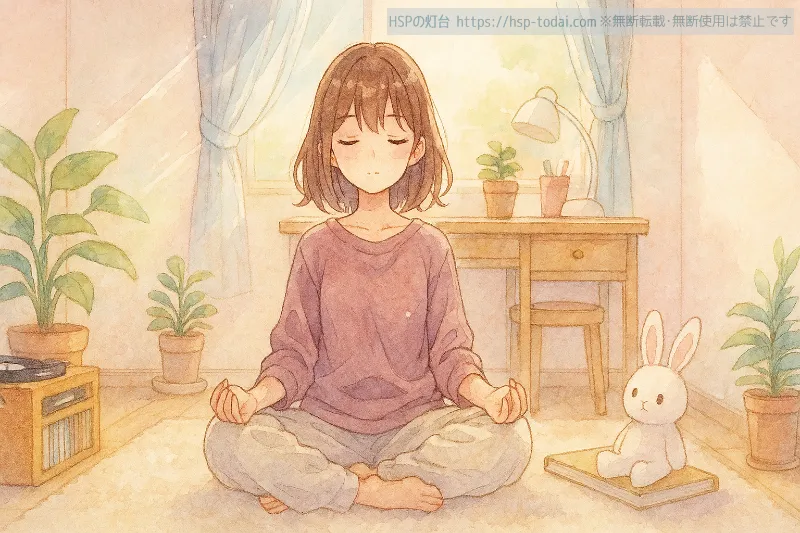 自宅で瞑想する女の子のイラスト