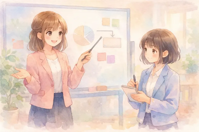 ホワイトボードでプレゼンする上司とメモを取る部下の職場イラスト