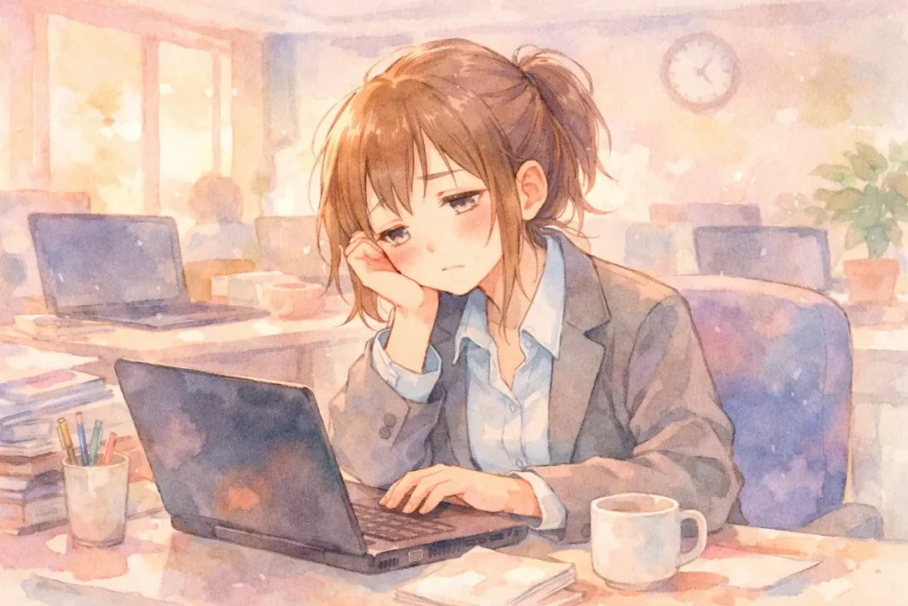 疲れながら仕事をしている会社員の女の子のイラスト