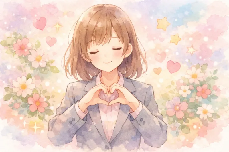 両手でハートを作り目を閉じて微笑むHSPの女性のイラスト