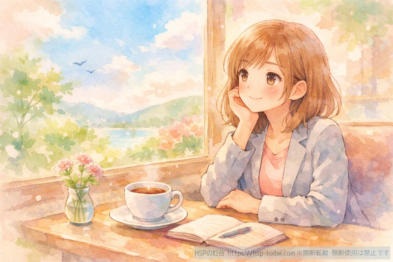 窓から景色を眺める女性社員のイラスト