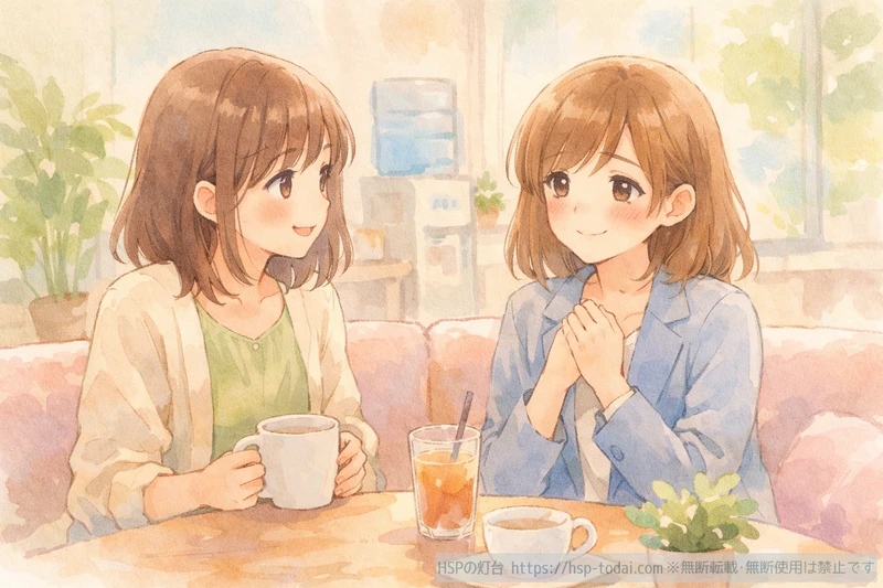 友人に話を聞いてもらい気持ちが軽くなる女性社員のイラスト