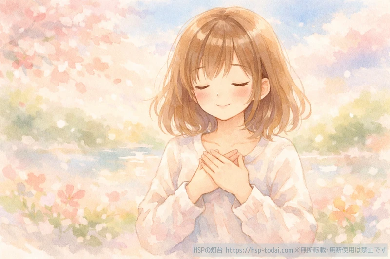 胸に手を当てている女性のイラスト