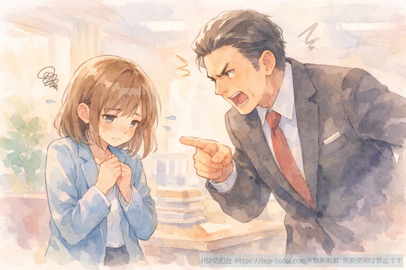 職場で上司に責められて萎縮する繊細な女性のイラスト