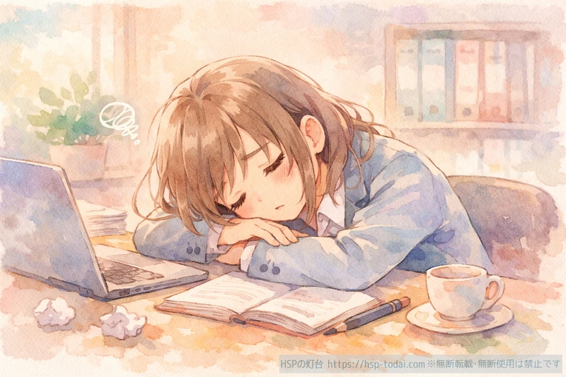 頑張りすぎて疲れ机に突っ伏す女性のイラスト