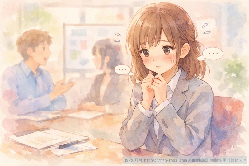 会議で意見が言えず不安そうにする女性のイラスト