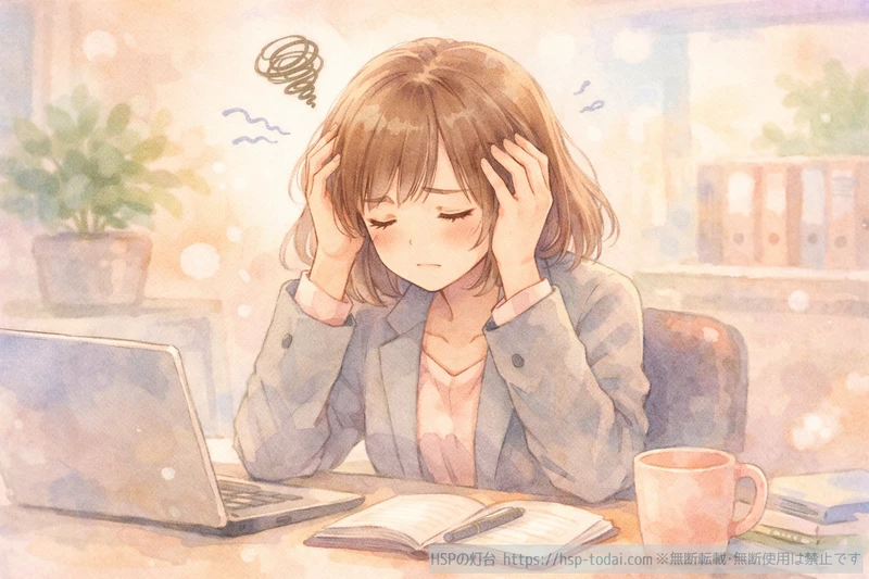 仕事で自信が持てず机で頭を抱えるHSP女性のイラスト