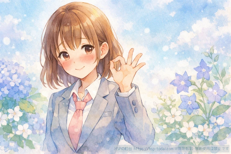 無理に目を合わせなくて大丈夫と前向きに笑う女性のイラスト