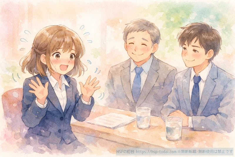 面接で緊張して視線が泳ぎ慌てる女性のイラスト