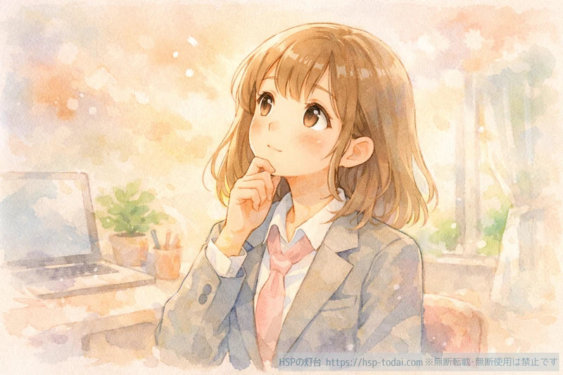 あごに手を当てて考えながら視線を上に向けるHSP女性のイラスト