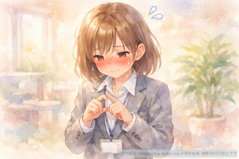 人と話すのがつらく控えめにうつむく繊細な女性のイラスト