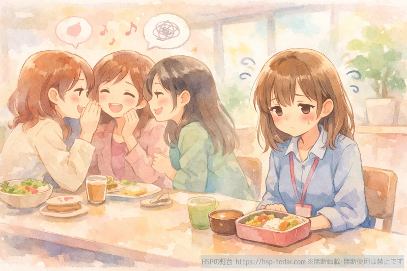 ランチの会話に入れず疲れてしまう繊細な女性のイラスト