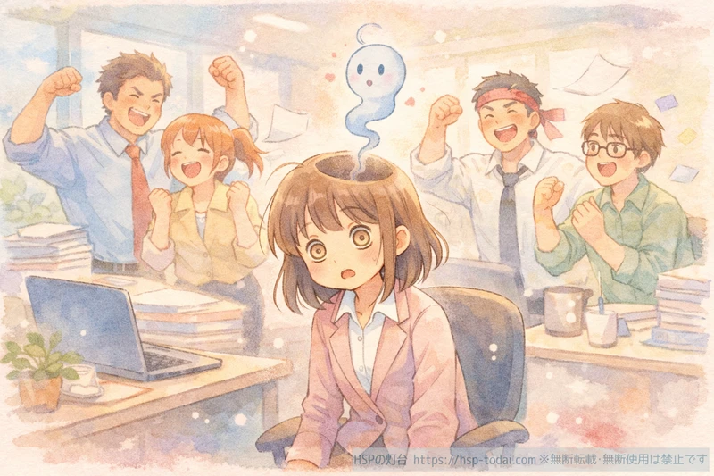 周りが盛り上がるなか一人ぐったりして自信をなくす女性のイラスト