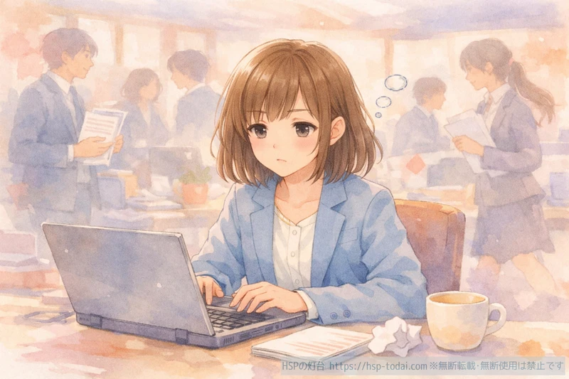 オフィスで多くの情報に囲まれ少し疲れた様子で働くHSP女性のイラスト