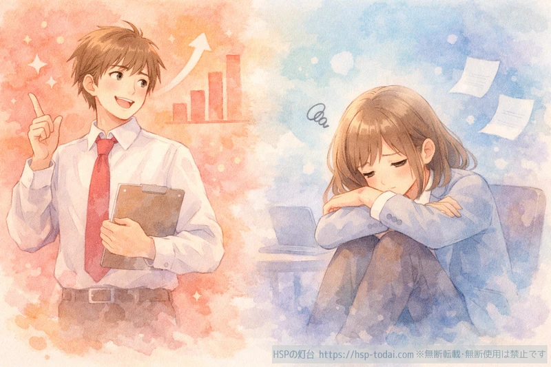 落ち込む姿と前向きに動き出す姿を対比した働く女性のイラスト