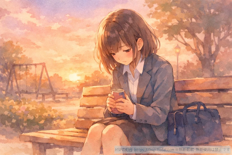 夕方の公園のベンチで仕事に疲れて落ち込む女性のイラスト