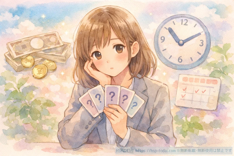 お金や時間を比べながら自分に合う仕事を選ぶか迷う女性のイラスト