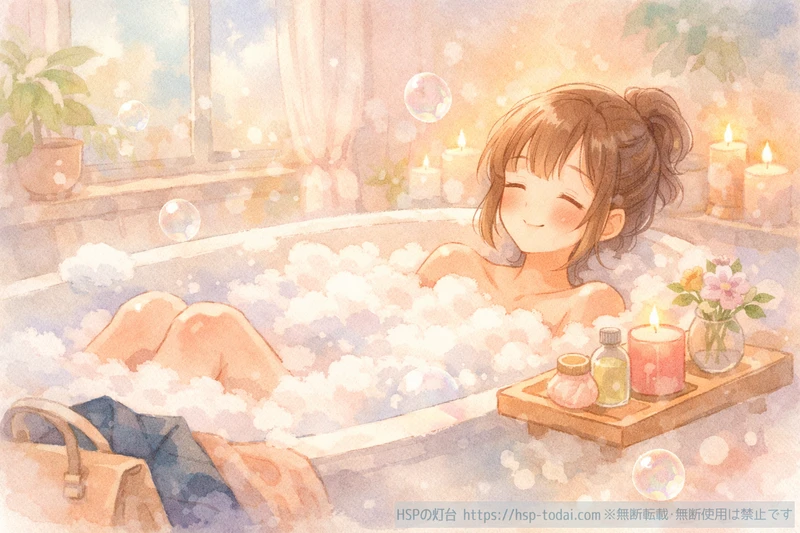 お風呂でゆっくり心と体を休める女性のイラスト
